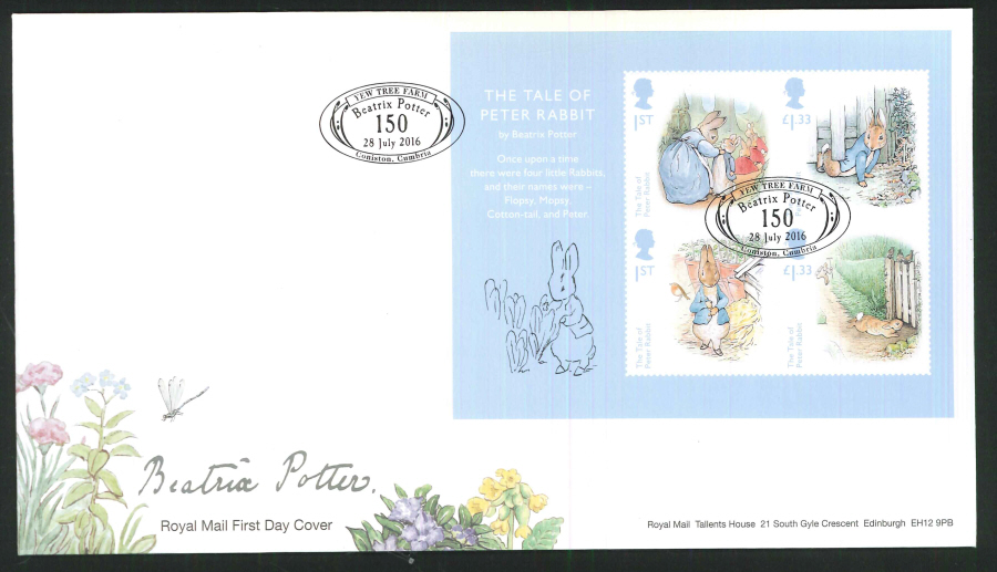 2016 - Beatrix Potter Minisheet First Day Cover, Yew Tree Farm, Coniston Cumbria Postmark - Click Image to Close